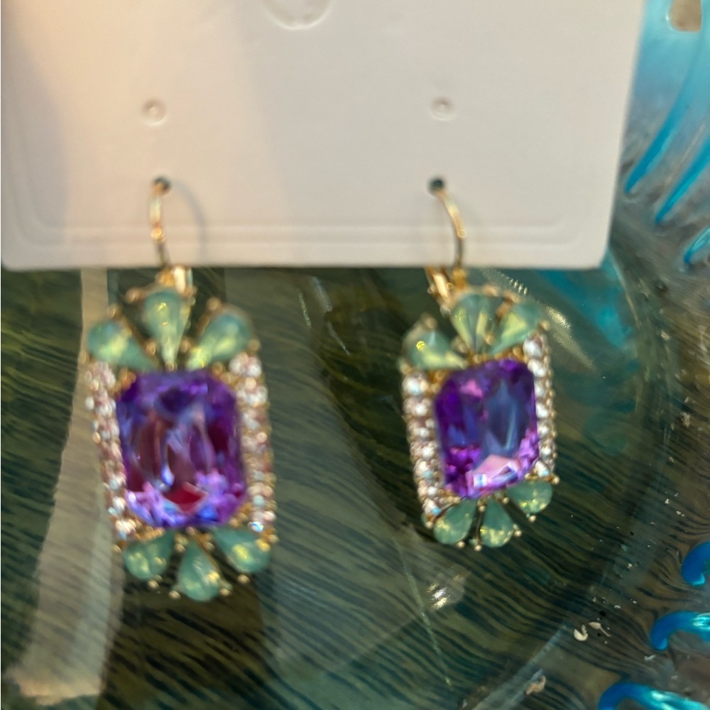 Elegant Purple and Green Rhinestone Earrings - Picture 3 of 6